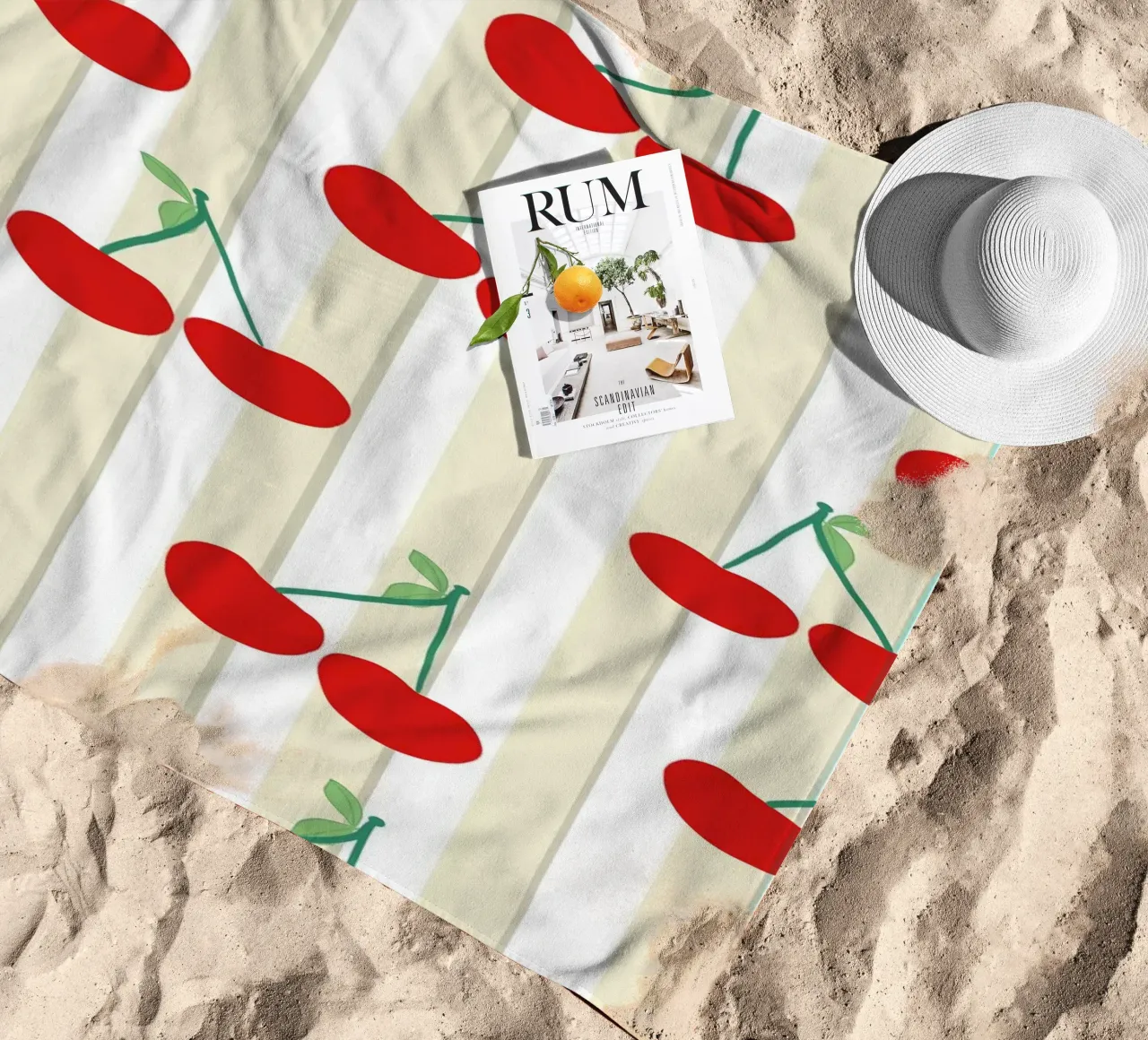 Green white stripe pattern cherries pattern beach towel by gulsengunel