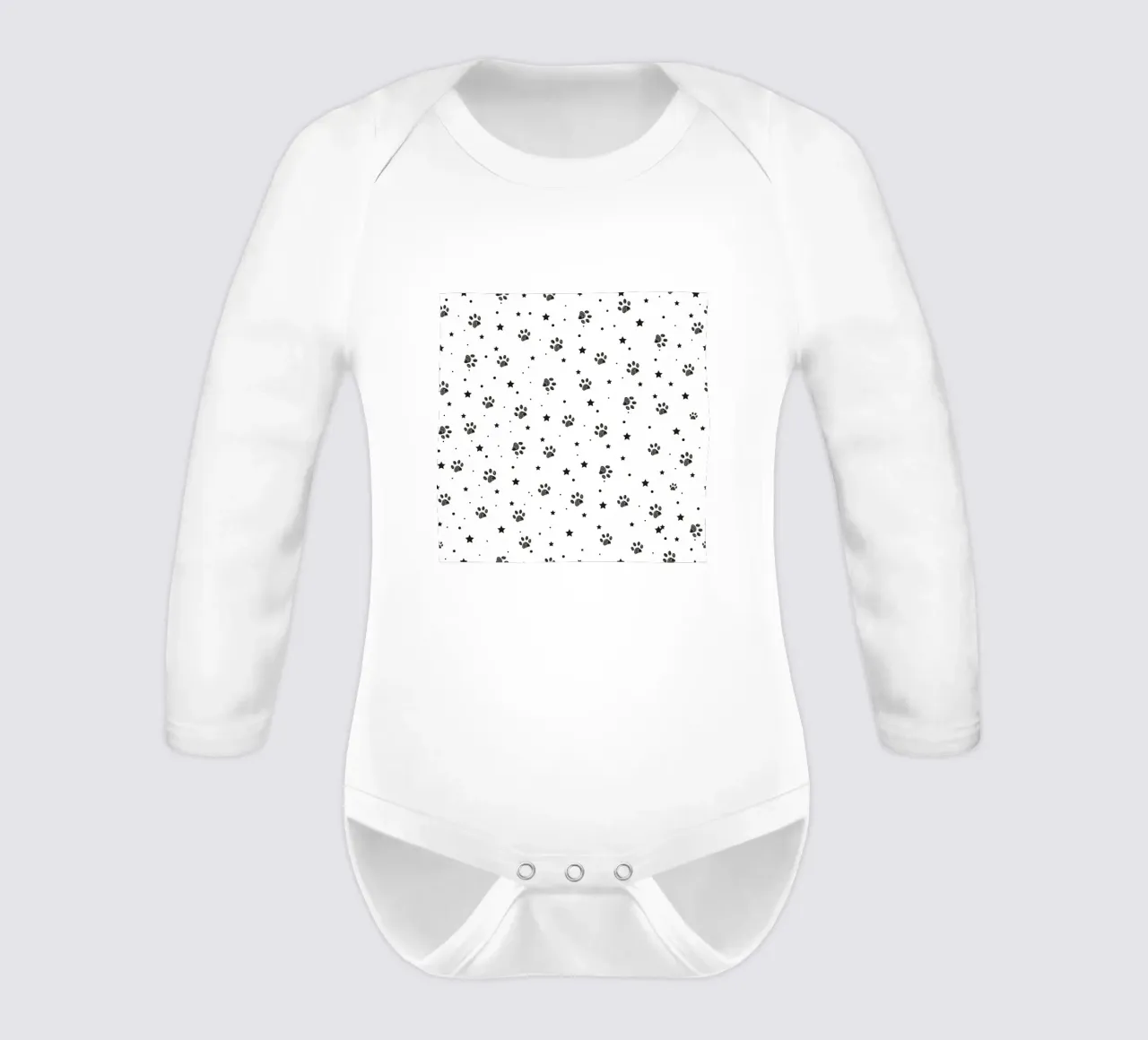 Seamless fabric pattern with paw and stars long-sleeve baby romper by gulsengunel