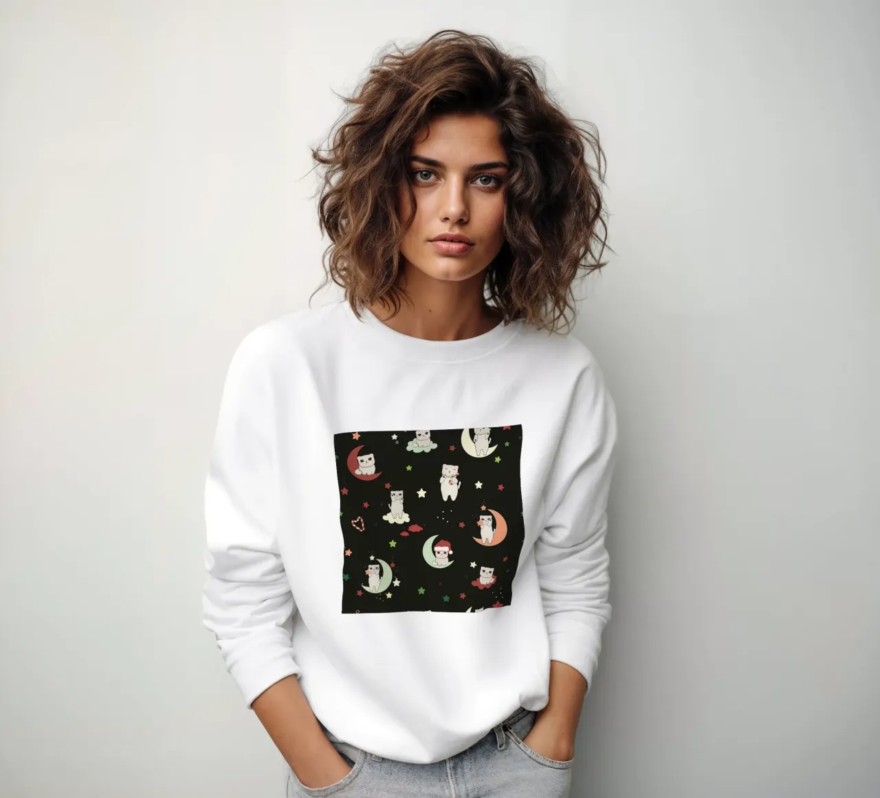 Motif lune et chats vert noir sweat de gulsengunel