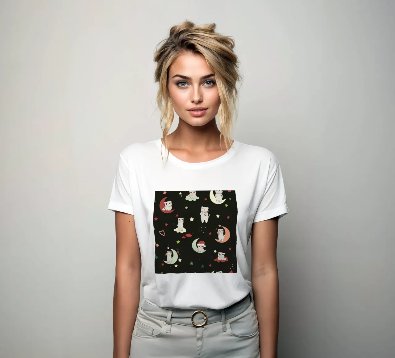 Moon and cats pattern green black women's fitted t-shirt by gulsengunel