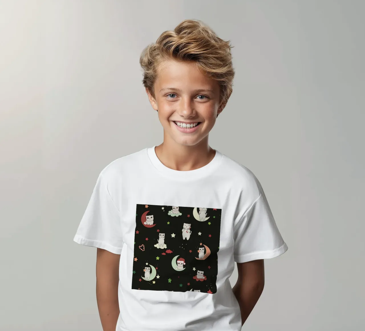 Moon and cats pattern green black kids t-shirt by gulsengunel