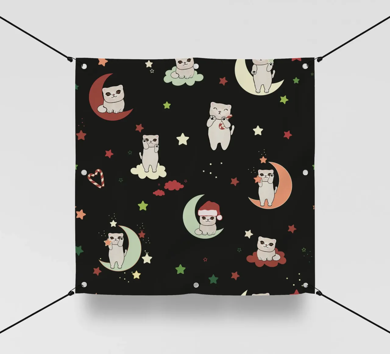 Motif lune et chats vert noir bâche pvc de gulsengunel