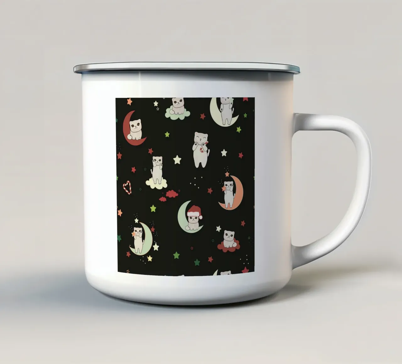 Motif lune et chats vert noir mug en émail de gulsengunel