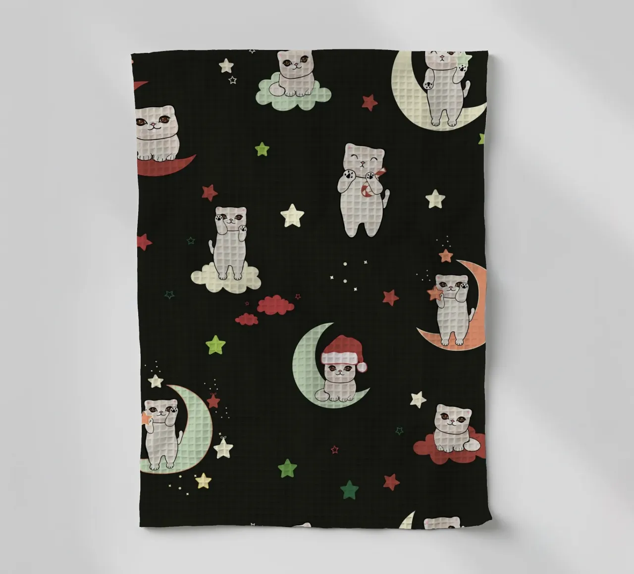 Motif lune et chats vert noir torchon de gulsengunel