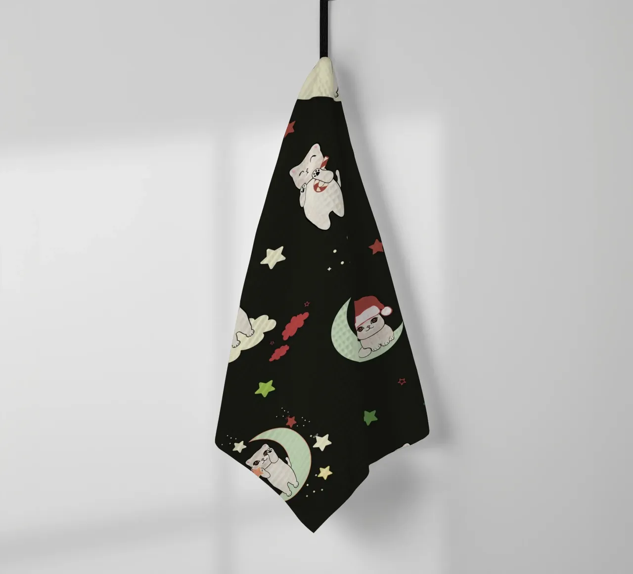 Motif lune et chats vert noir torchon de gulsengunel