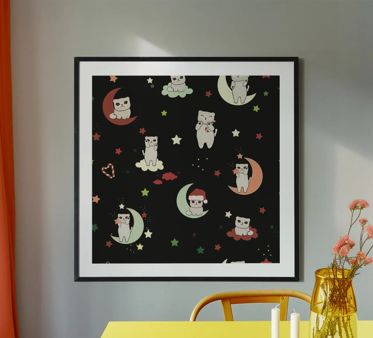 Motif lune et chats vert noir hahnemühle de gulsengunel