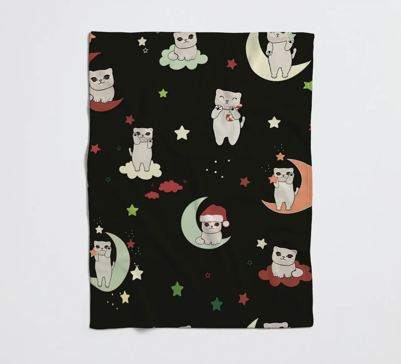 Motif lune et chats vert noir plaid polaire de gulsengunel