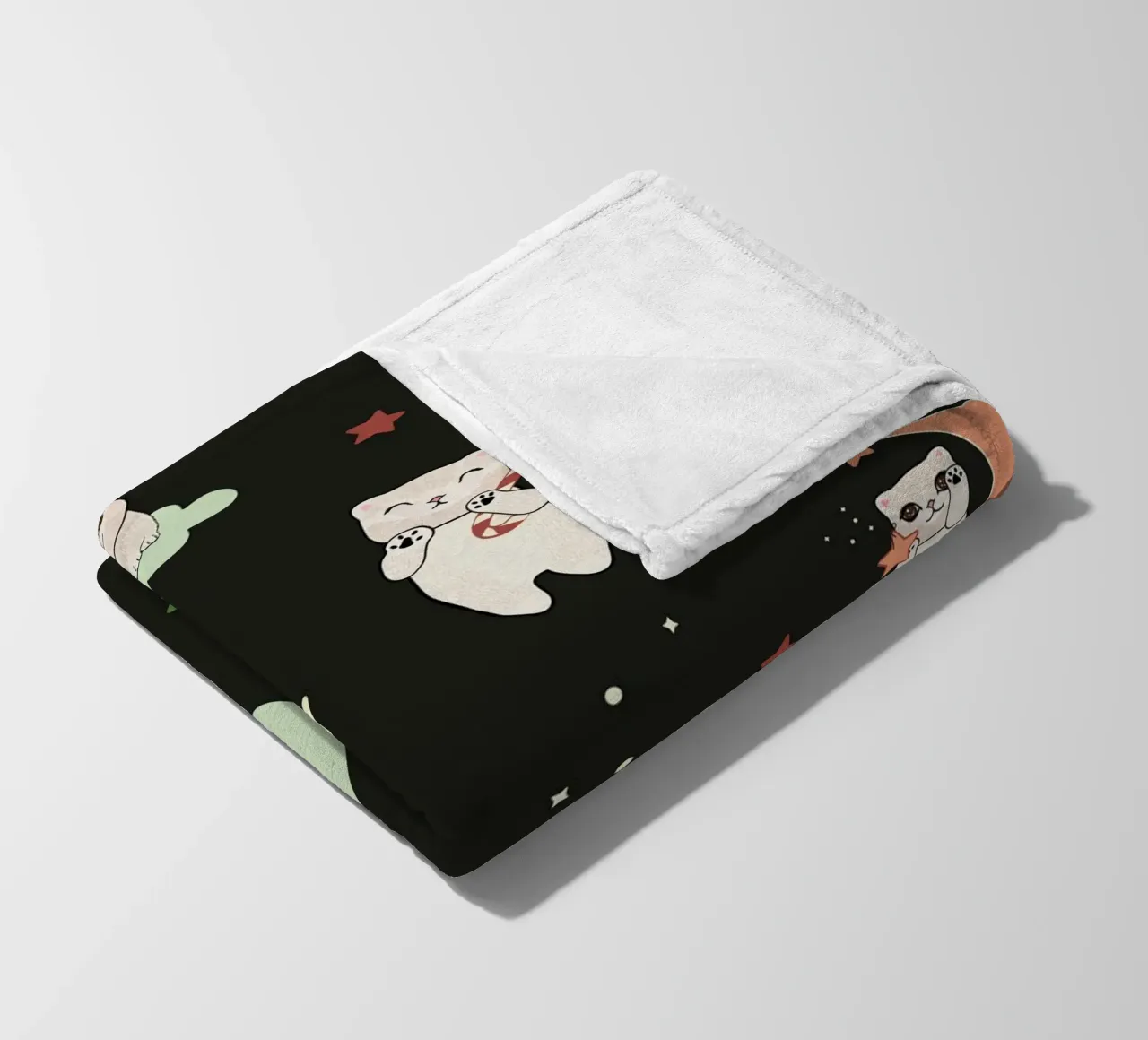 Motif lune et chats vert noir plaid polaire de gulsengunel