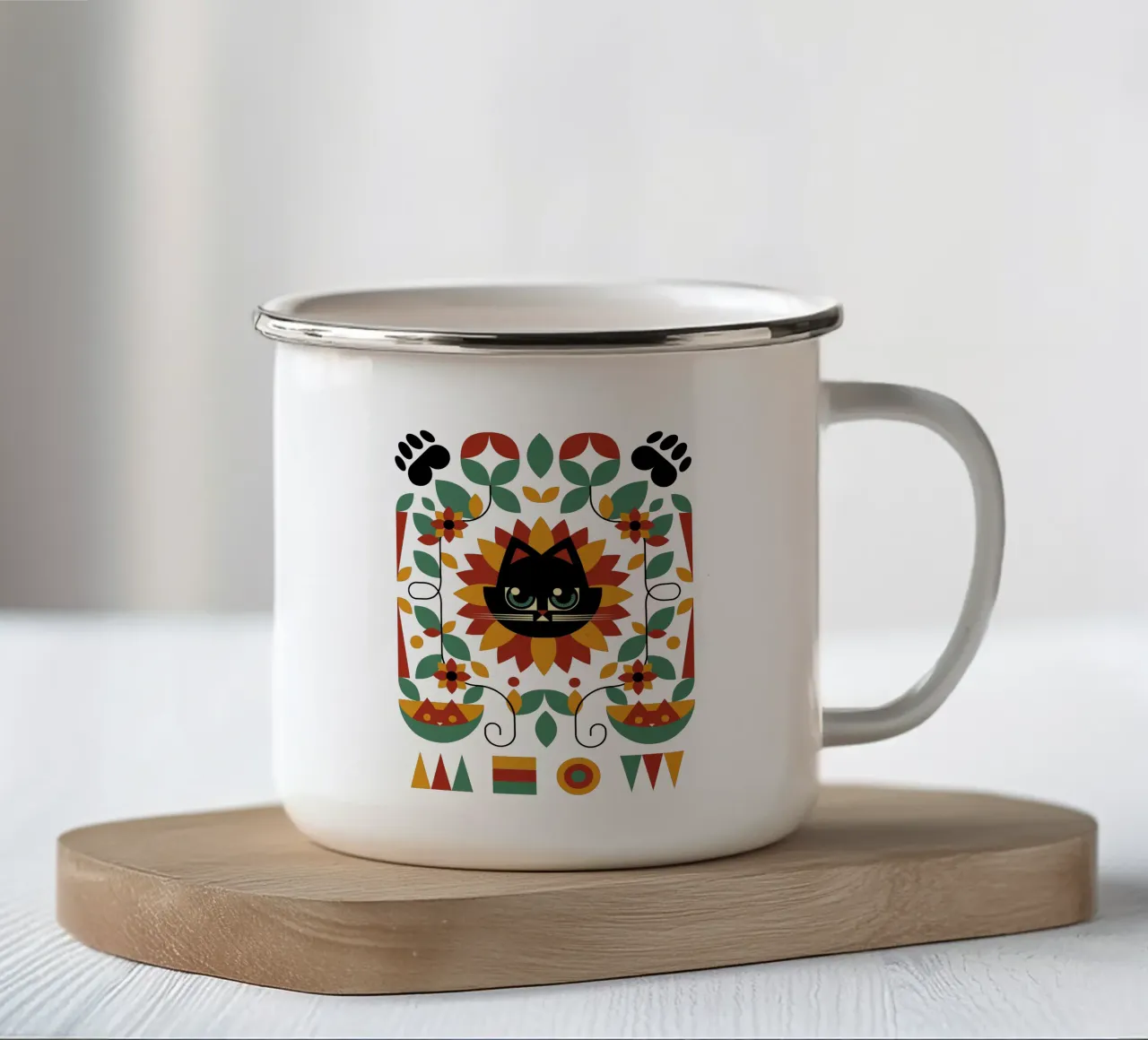 Bauhaus Spring Cat Sunflower tazza in smalto da Tobe Fonseca