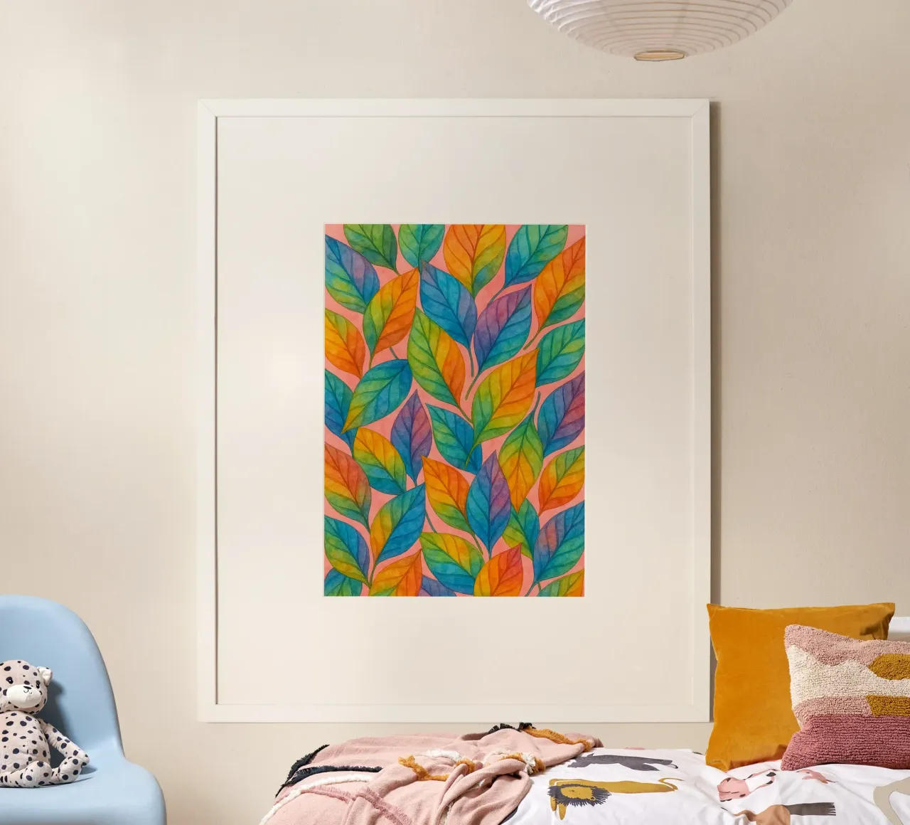 blad kleurige abstracte tekening ilustratie poster met houten frame van Permatax