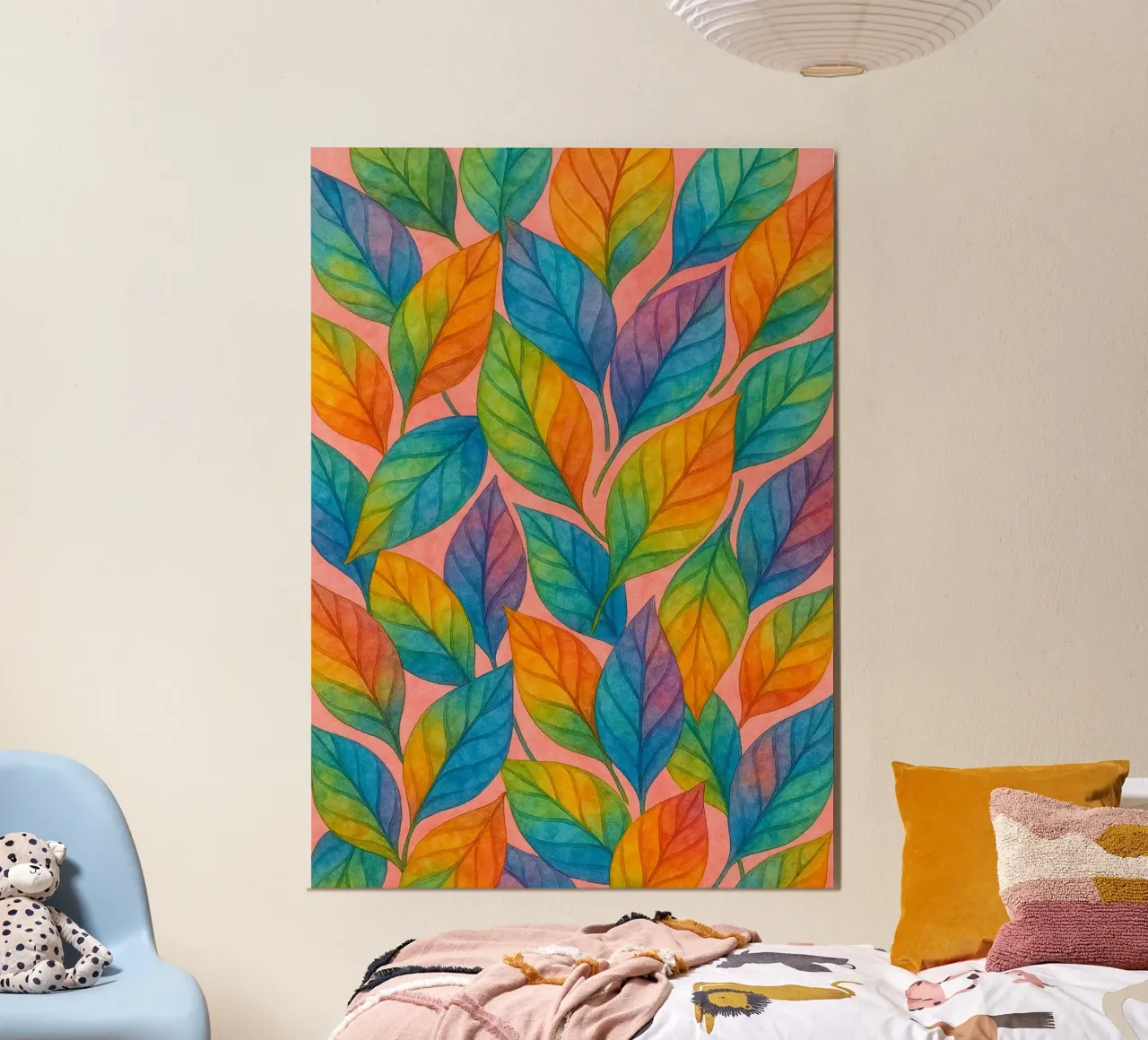 blad kleurige abstracte tekening ilustratie poster met houten frame van Permatax