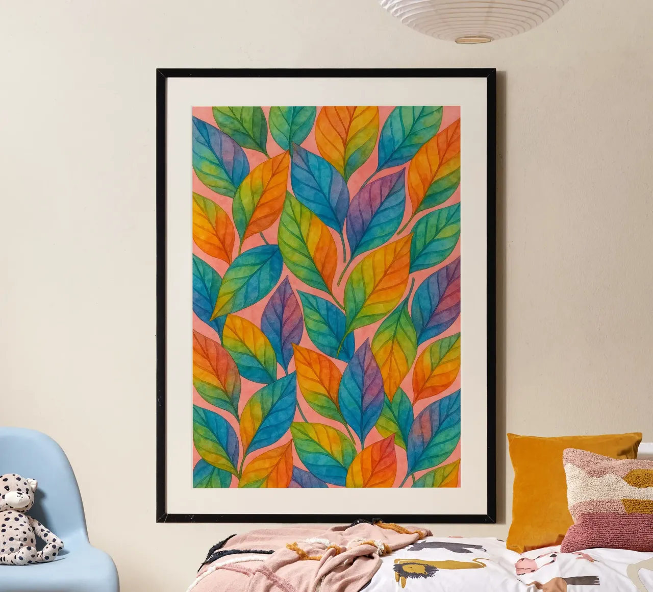 blad kleurige abstracte tekening ilustratie poster met houten frame van Permatax