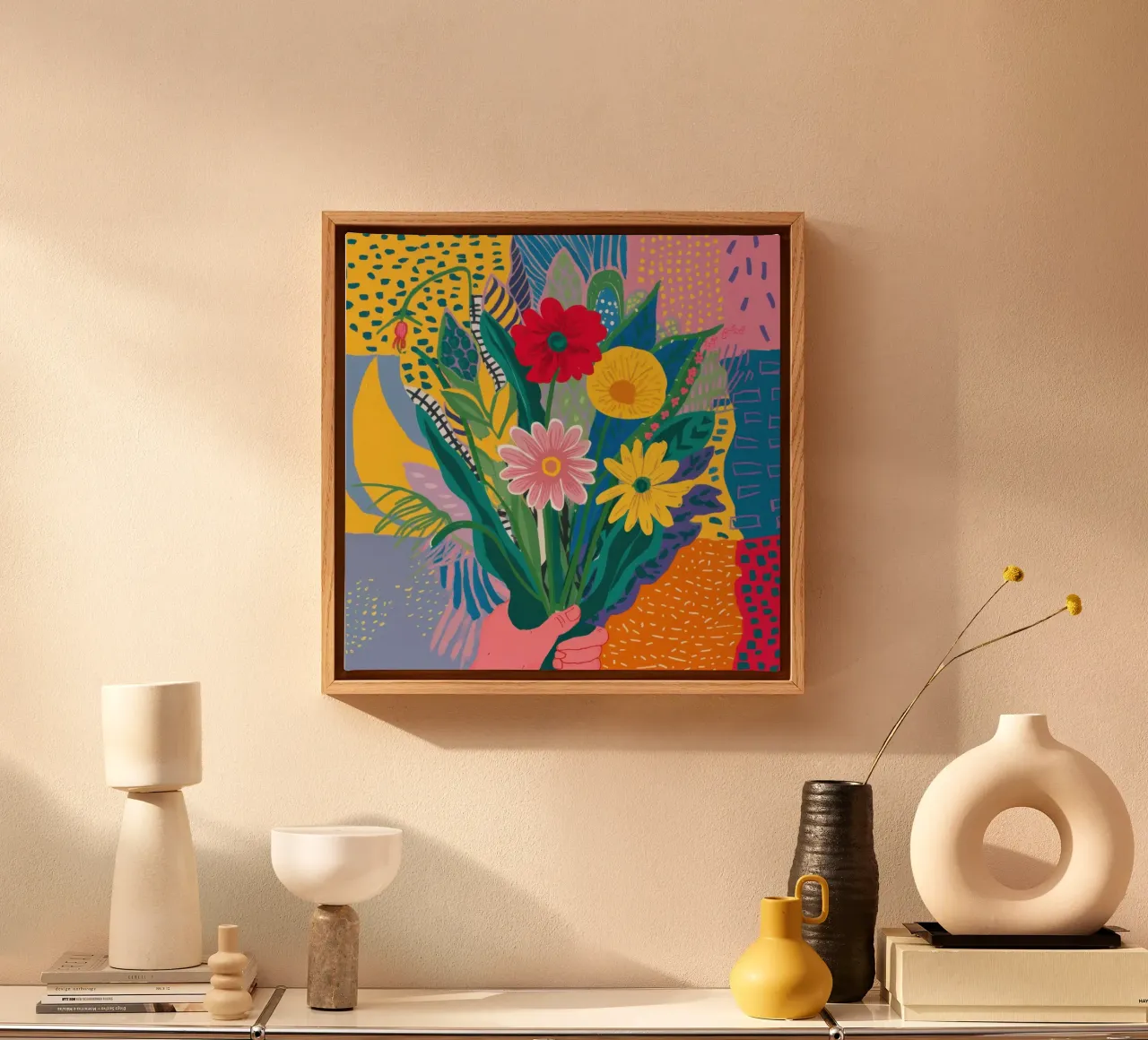 Bloemenweefsel Abstract canvas met Baklijst van Solar Paint