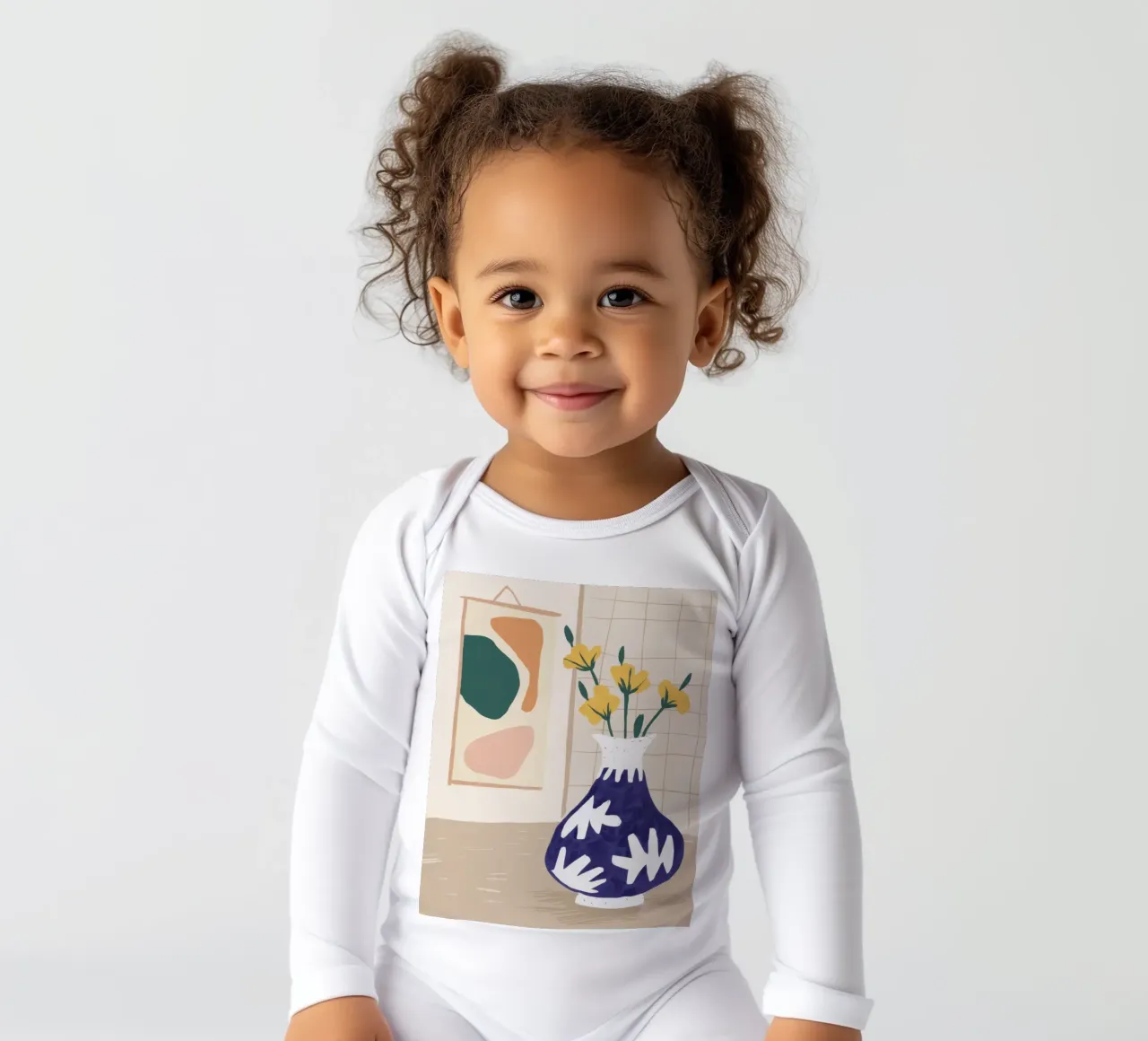 Daffodils in Blue Vase long-sleeve baby romper by Veil Maya