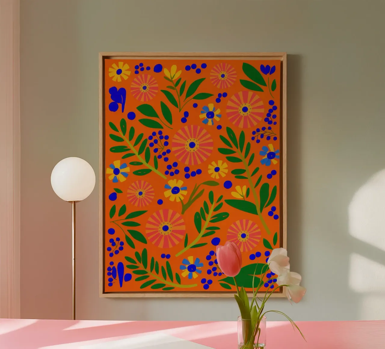 Orange Grove Pattern canvas with Floater frame by Solar Paint