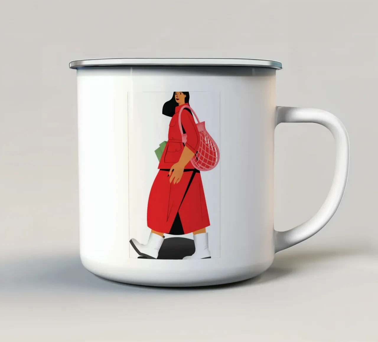 Donna con cappotto rosso tazza in smalto da Veil Maya
