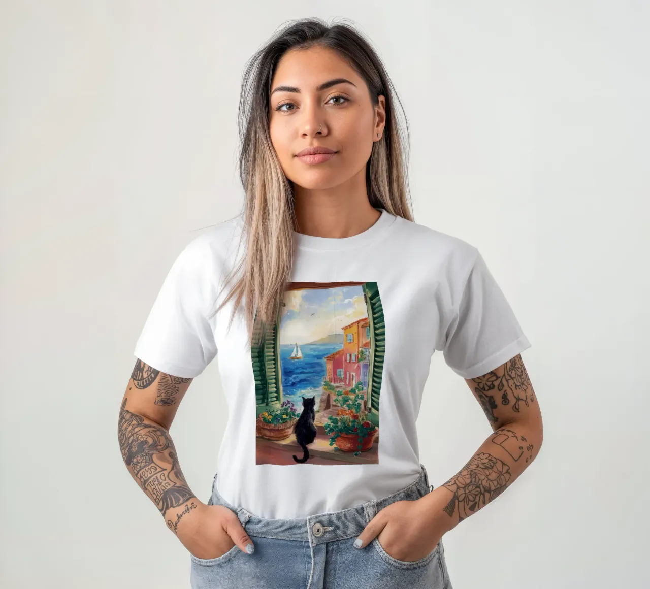 Vue de la Riviera féline t-shirt de Veil Maya