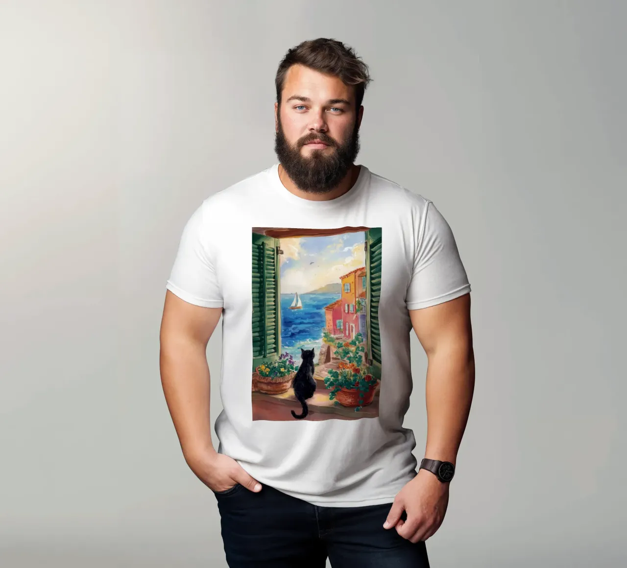 Vue de la Riviera féline t-shirt de Veil Maya