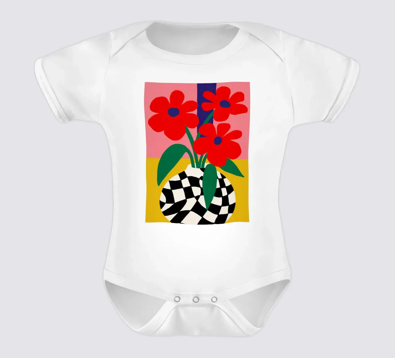 Checkerboard Bloom Red short-sleeve baby romper by Solar Paint