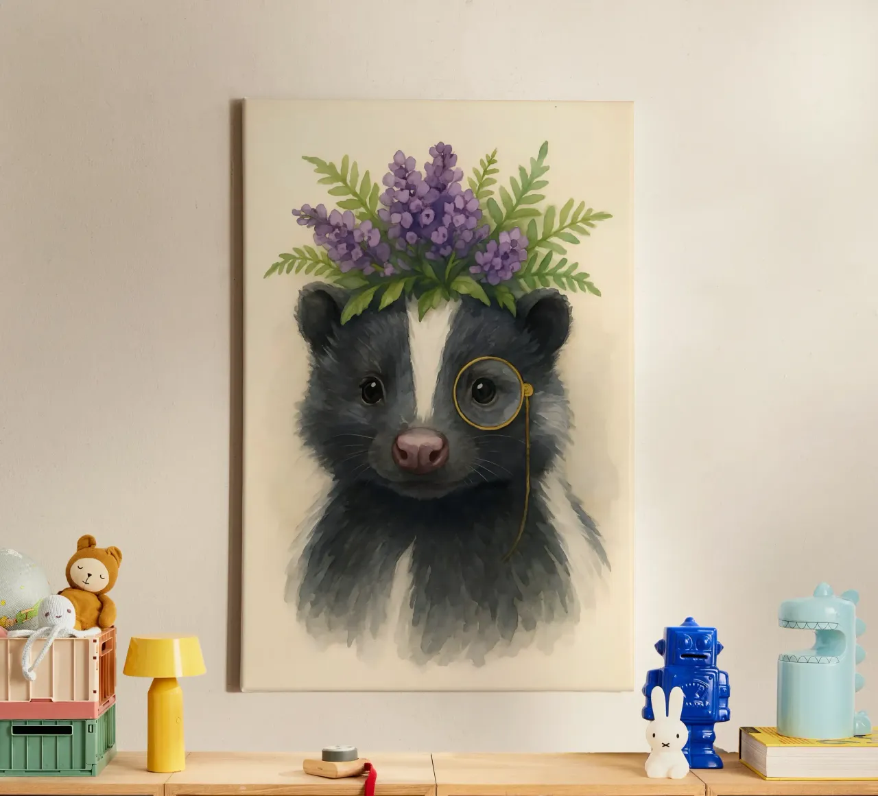 Lavender & Logic: The Gentleman Skunk canvas with Floater frame by Graceful Desine