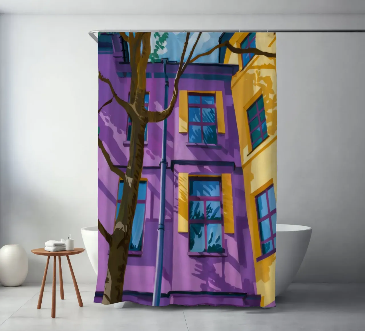 Psychedelic Urban Facade shower curtain by Prism Ritual