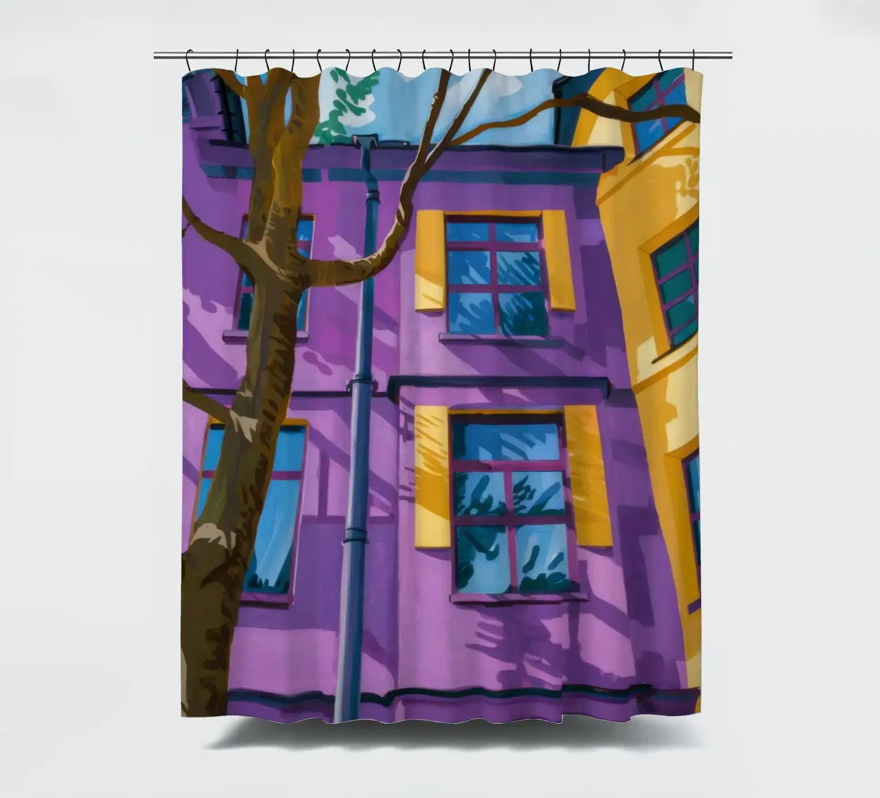 Psychedelic Urban Facade shower curtain by Prism Ritual