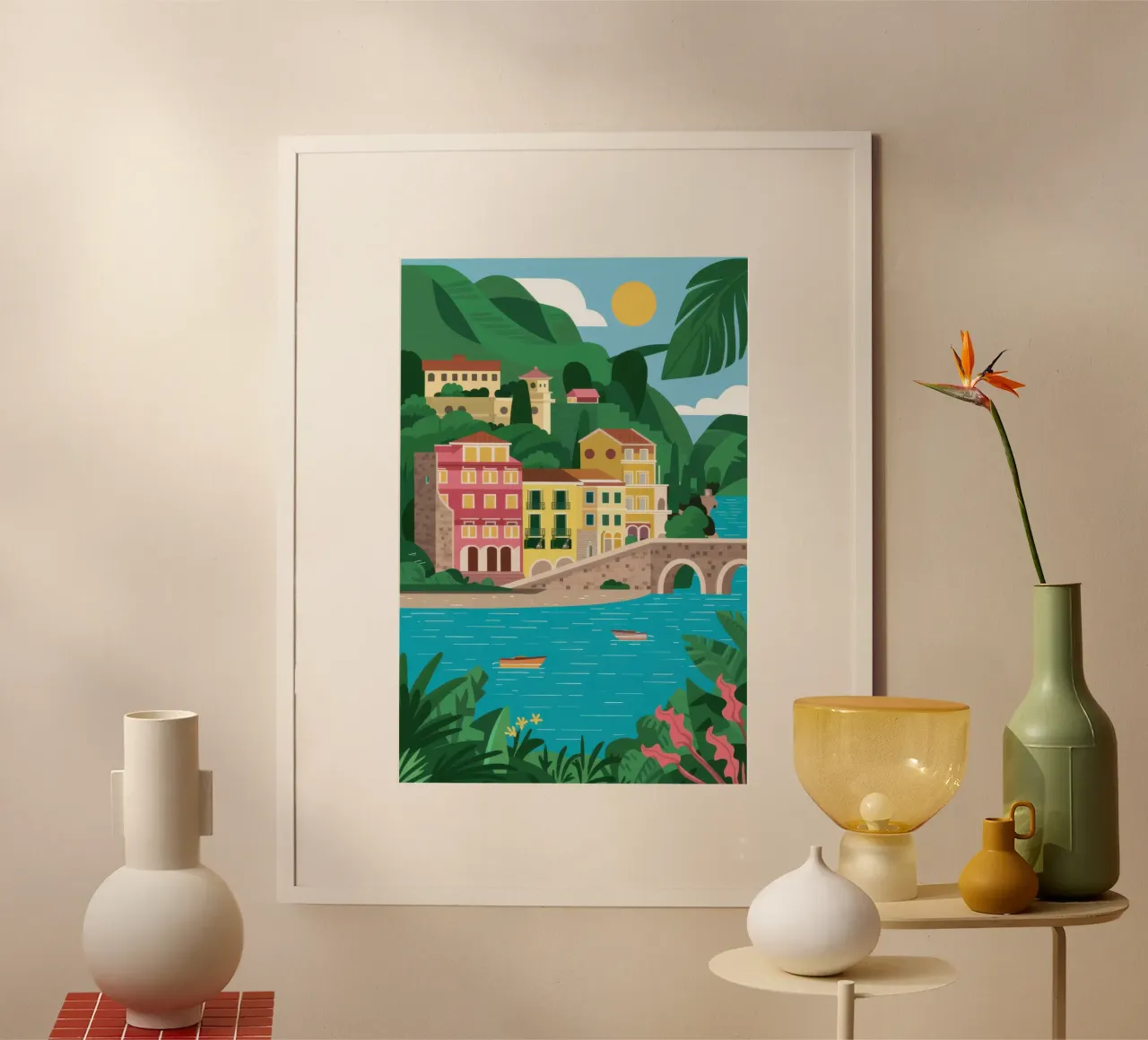 Sogni del villaggio costiero poster con telaio in legno da Bring Haven