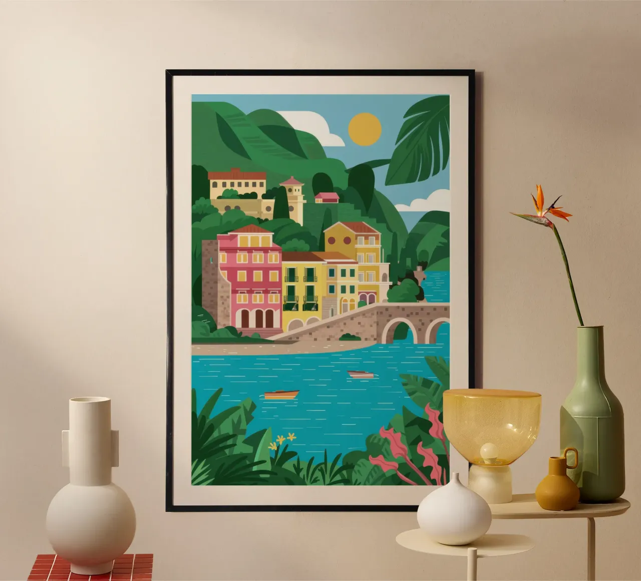 Sogni del villaggio costiero poster con telaio in legno da Bring Haven