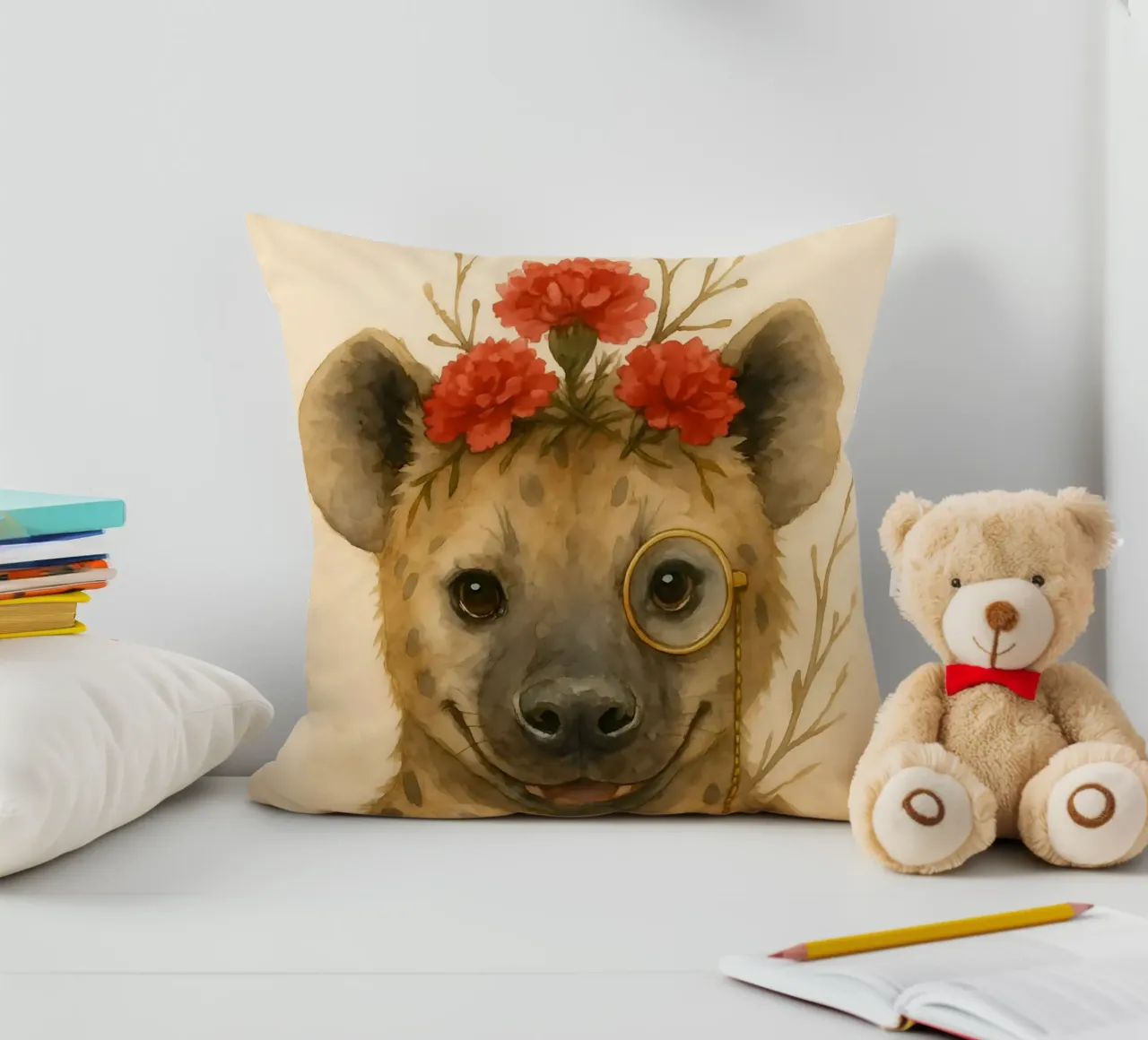 Dapper Hyena: Il fiore del monocolo cuscino da Graceful Desine