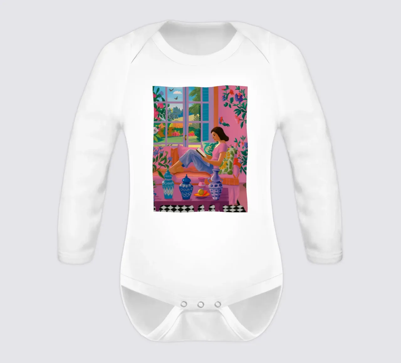Sun Drenched Reading Nook long-sleeve baby romper by Veil Maya