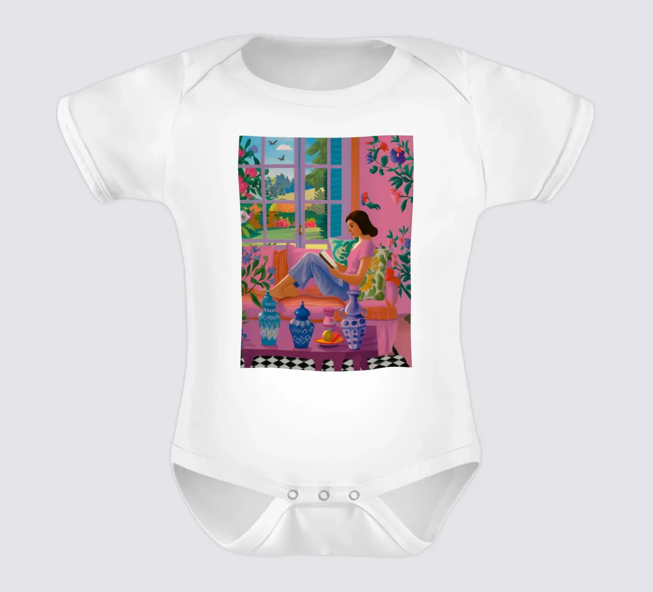 Sun Drenched Reading Nook short-sleeve baby romper by Veil Maya