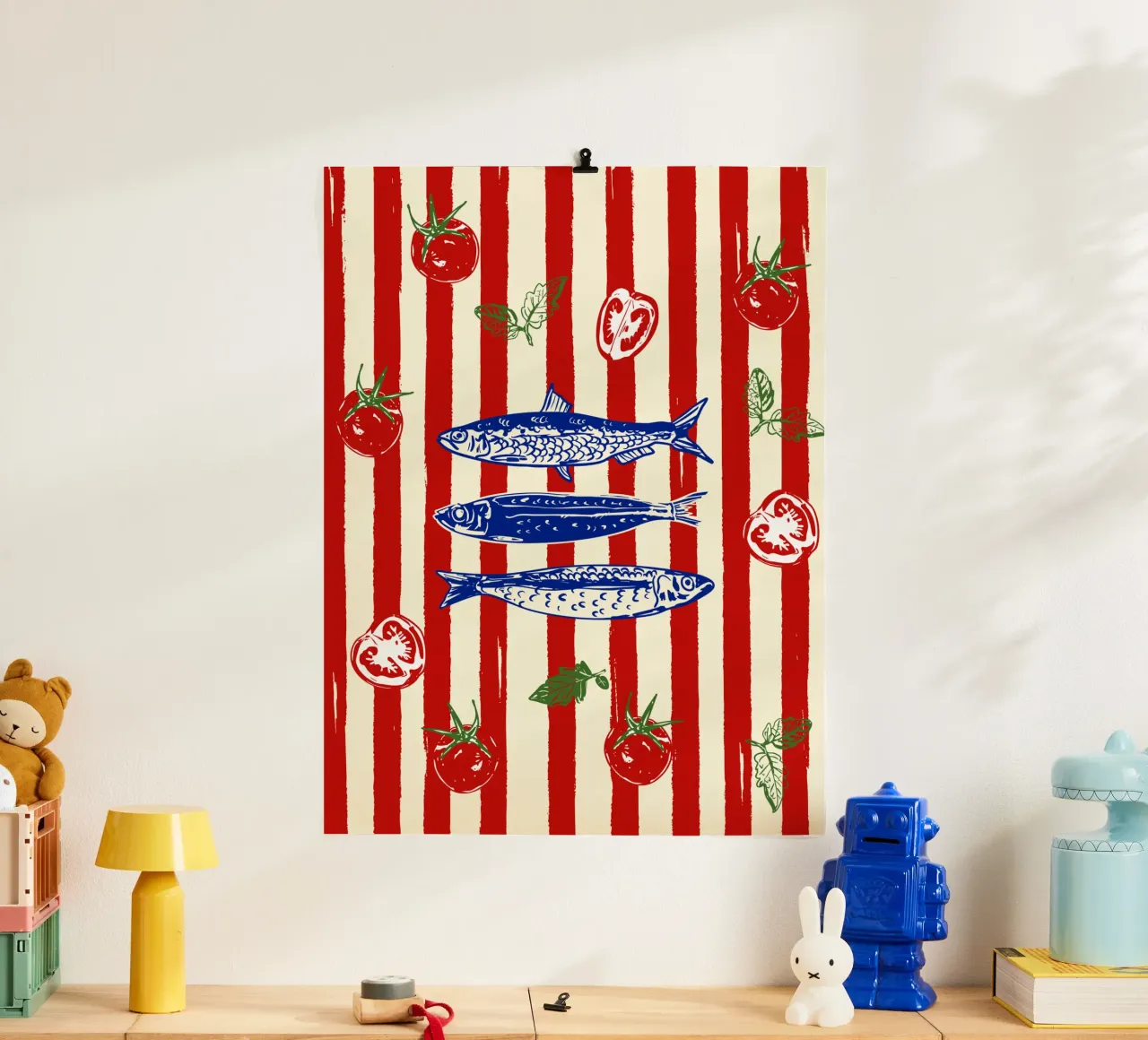 Scarabocchio da cucina con sardine e strisce di pomodoro poster da EDMPROJECT