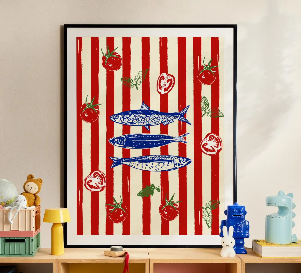 Scarabocchio da cucina con sardine e strisce di pomodoro poster da EDMPROJECT