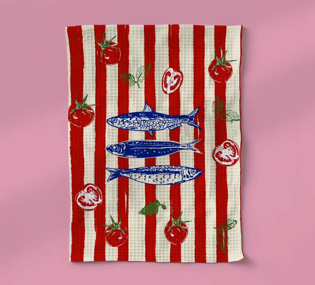 Sardines and Tomato Stripe Kitchen Doodle tea towel by EDMPROJECT