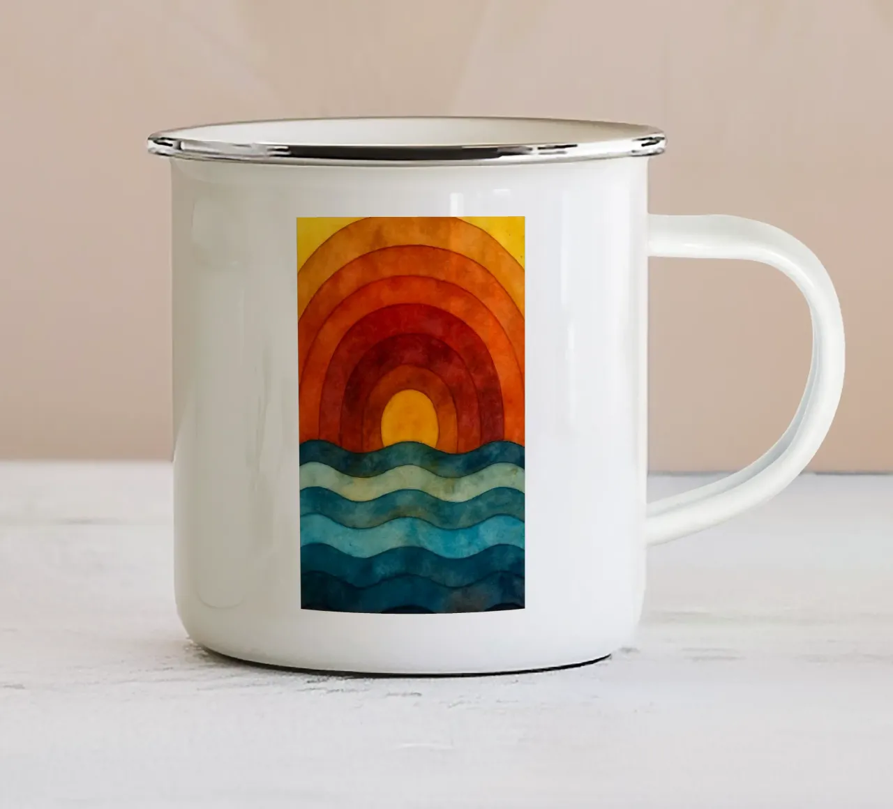 zee en zon abstracte tekening ilustratie emaille mok van Permatax