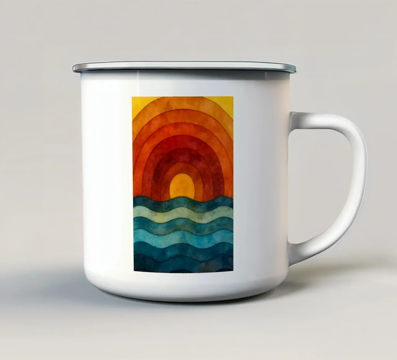 zee en zon abstracte tekening ilustratie emaille mok van Permatax