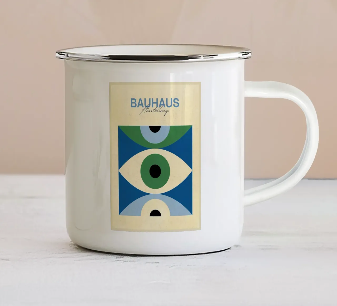 Bauhaus tentoonstelling Abstracte oogkunst emaille mok van Ashley Studio