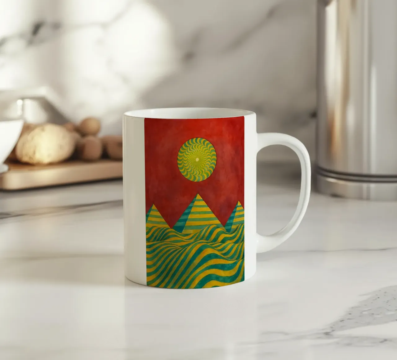 zon en berg abstracte tekening ilustratie keramische mok van Permatax