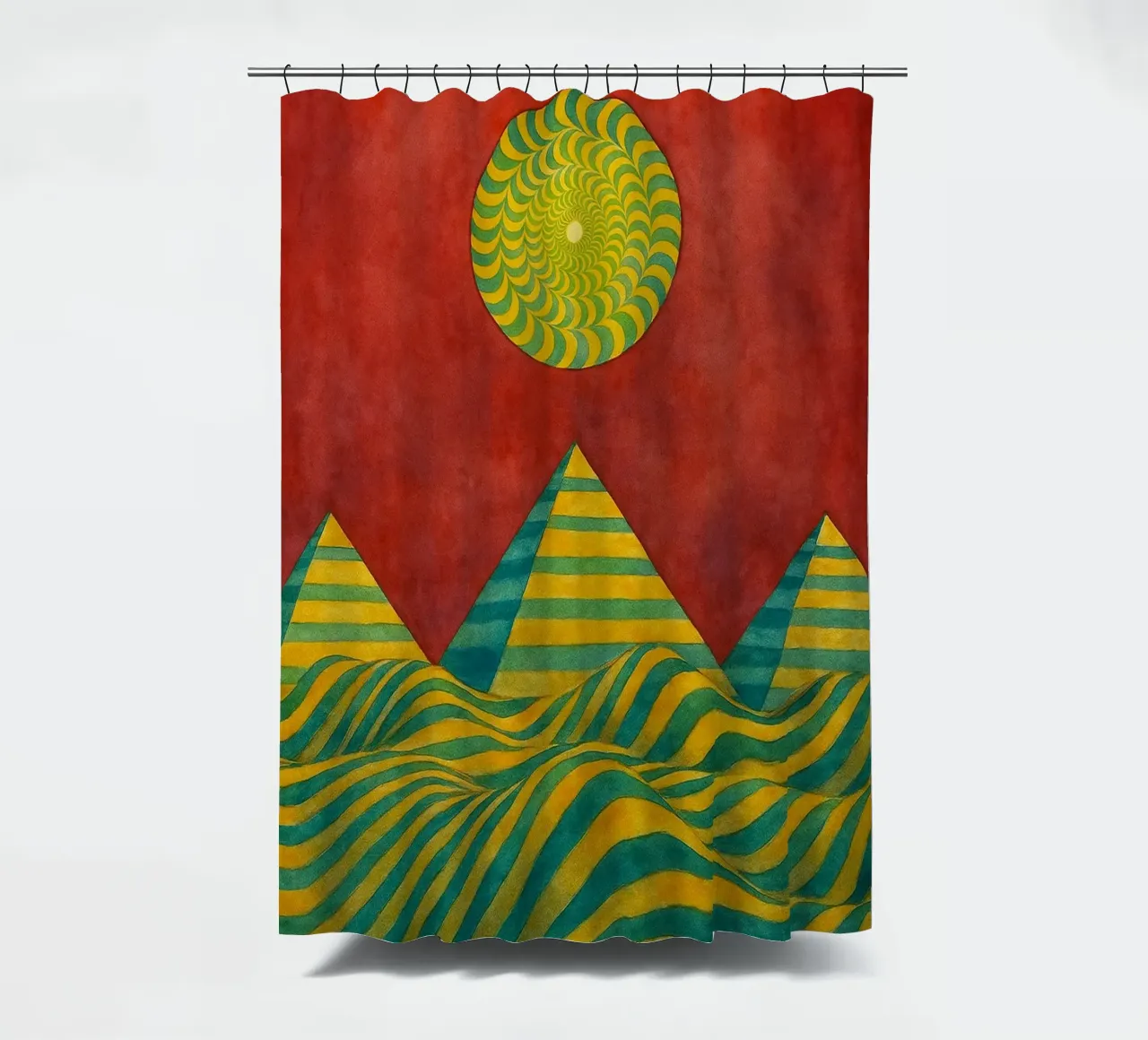 sun and mountain abstract drawing ilustration shower curtain by Permatax