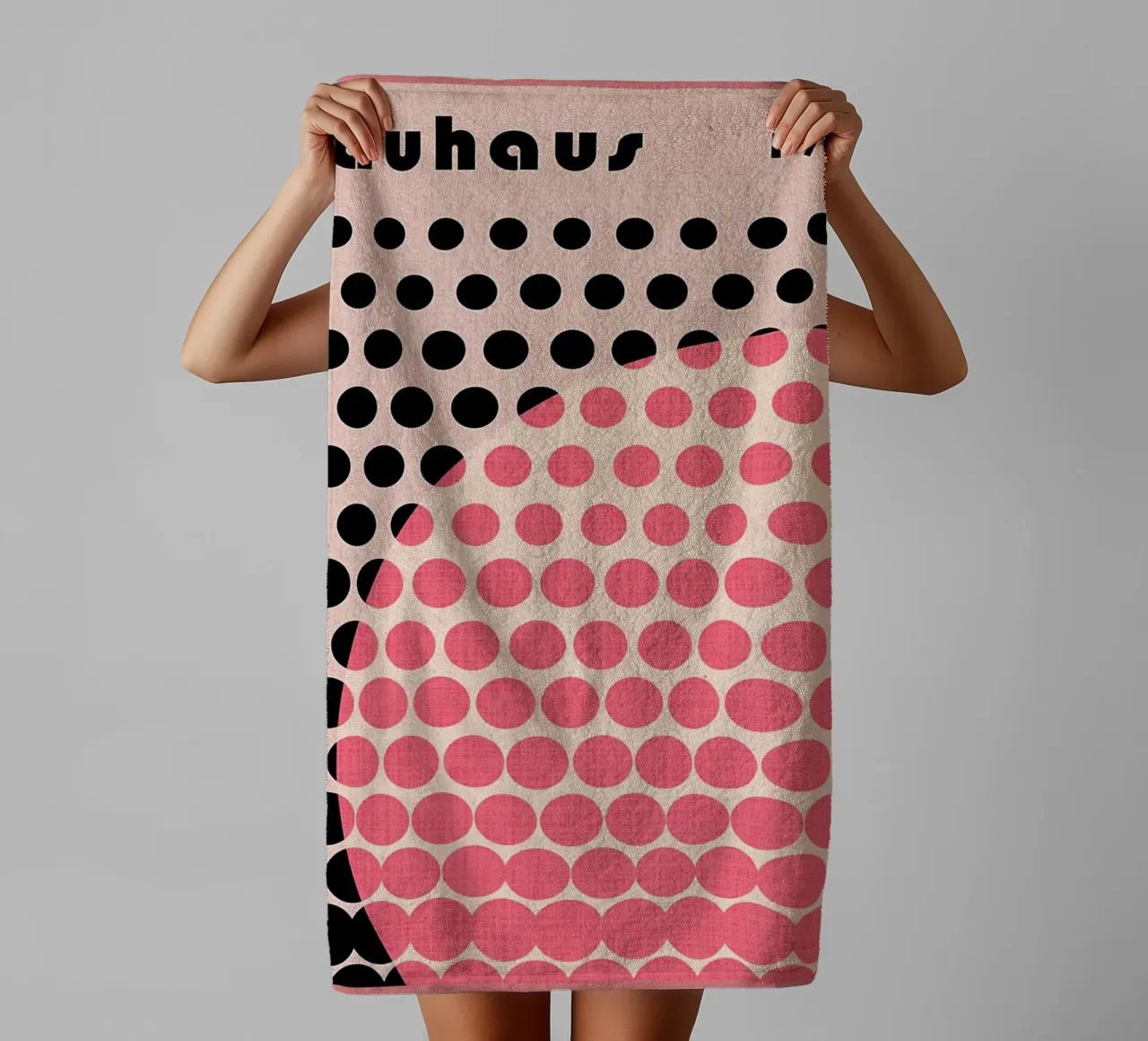 Bauhaus 1919 Pink and Black Circles towel by Ashley Studio
