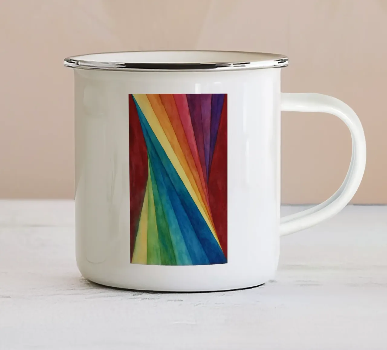 gedraaide regenboog abstracte tekening ilustratie emaille mok van Permatax