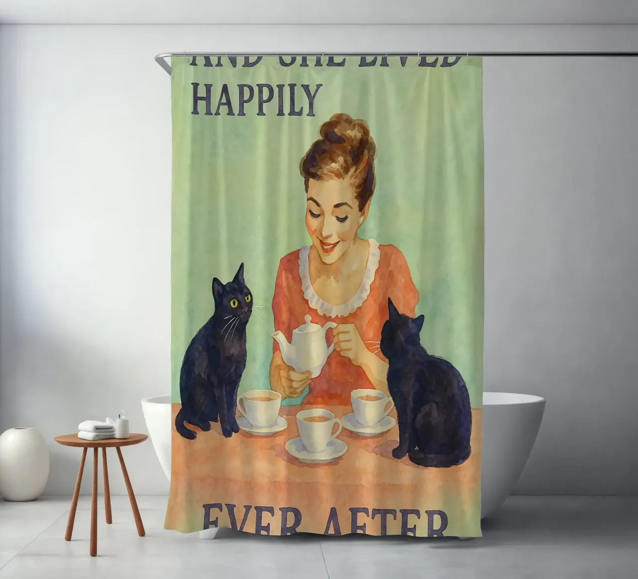 und sie lebte glücklich und zufrieden, nachdem sie eine Katze gezeichnet hatte. Duschvorhang von Botania