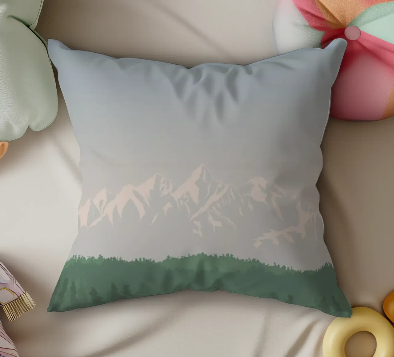 snowcapped peaks tree line cuscino da prindy