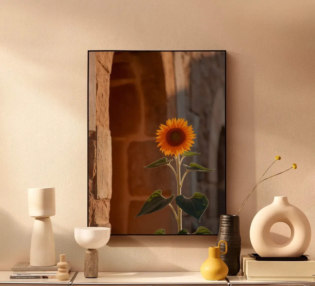 Vibrating sunflower on a hot stone wall alu-dibond by Casa Limon