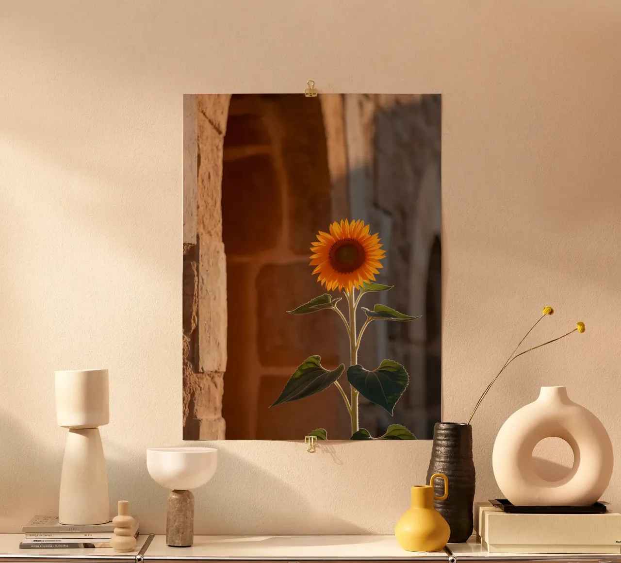 Girasole vibrante su una parete di pietra calda poster da Casa Limon
