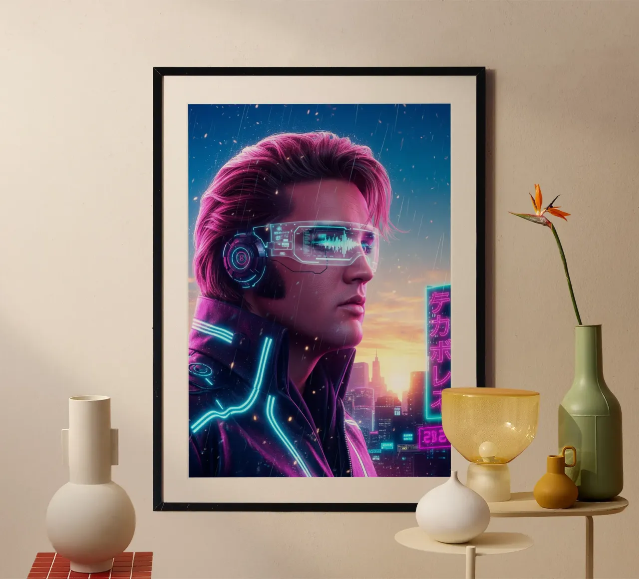 Elvis Presley - Cyber Punk art style poster con telaio in legno da Lembayung art