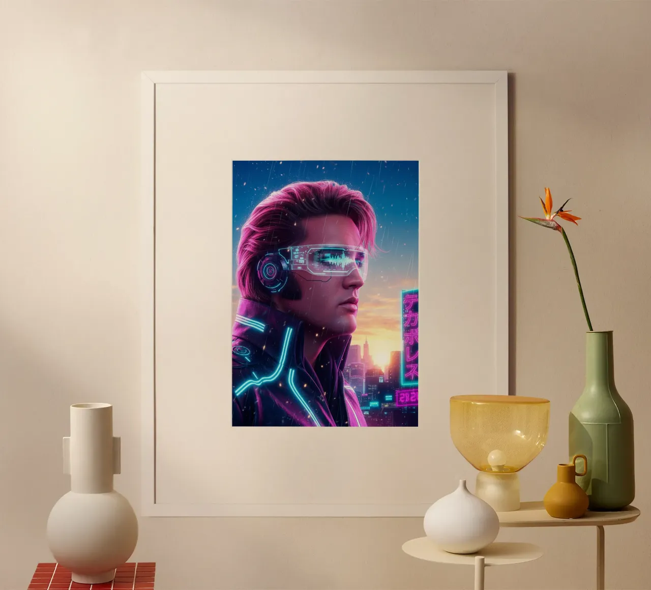 Elvis Presley - Cyber Punk art style poster con telaio in legno da Lembayung art