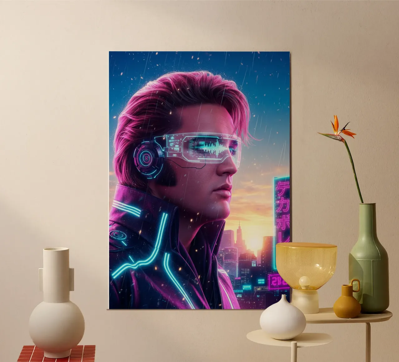 Elvis Presley - Cyber Punk art style poster con telaio in legno da Lembayung art