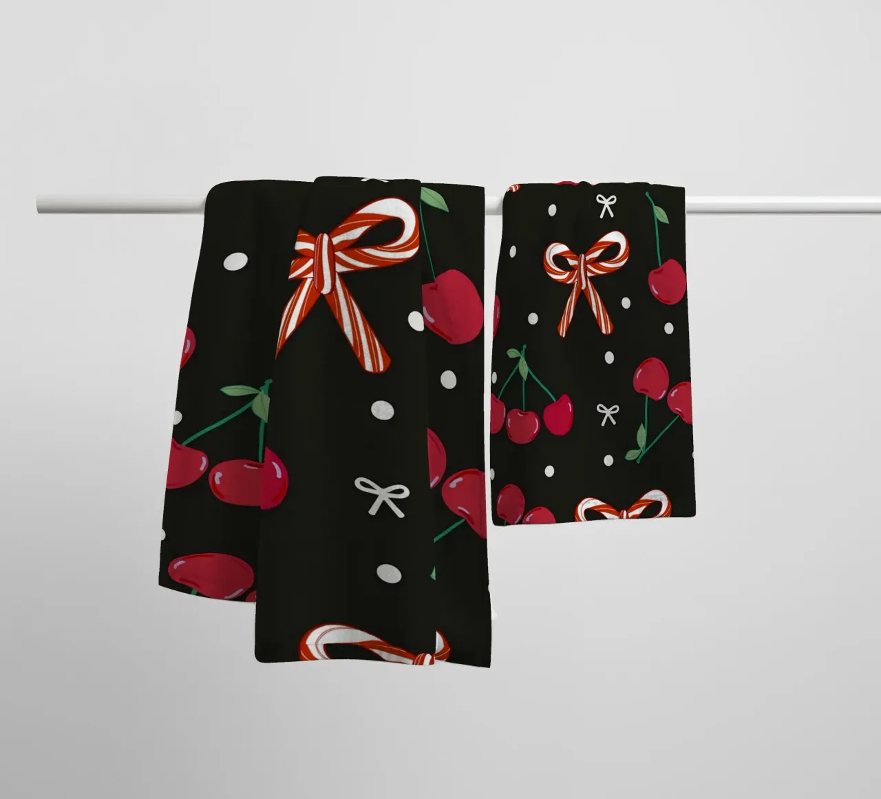 Cherries with candy cane Christmas design towel by gulsengunel