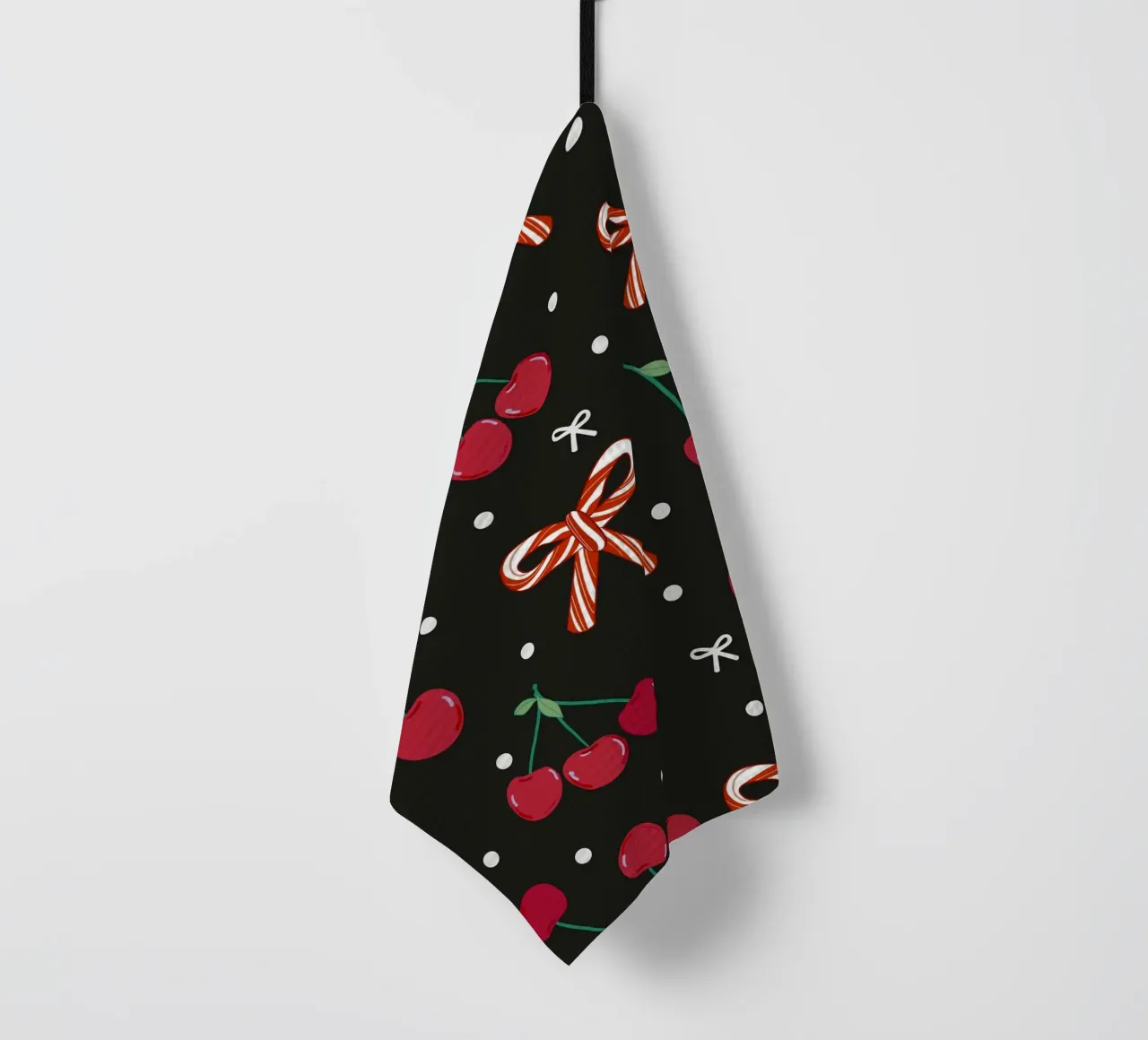 Cherries with candy cane Christmas design tea towel by gulsengunel